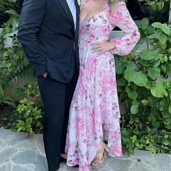 NWT SAU LEE Georgia Pink White Floral Chiffon Ruffle Midi Dress Gown Size 8 - Picture 4 of 10